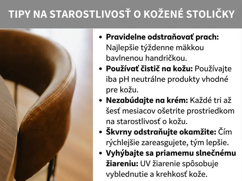 Tipy na starostlivosť o kožené stoličky – infografika s detailnou fotografiou hnedej koženej stoličky na ľavej strane a piatimi tipmi na starostlivosť na pravej strane: pravidelné utieranie prachu mäkkou bavlnenou utierkou, používanie čističov na kožu s neutrálnym pH, natieranie krémom na kožu každé tri až šesť mesiacov, okamžité odstraňovanie škvŕn a vyhýbanie sa priamemu slnečnému žiareniu na ochranu pred vyblednutím a prasklinami.
