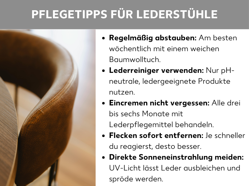Pflegetipps für Lederstühle – Infografik mit einem Nahaufnahme-Foto eines braunen Lederstuhls auf der linken Seite und fünf Pflegetipps auf der rechten Seite: regelmäßiges Abstauben mit einem weichen Baumwolltuch, Verwendung von pH-neutralen Lederreinigern, Eincremen mit Lederpflegemittel alle drei bis sechs Monate, sofortiges Entfernen von Flecken sowie das Meiden direkter Sonneneinstrahlung zum Schutz vor Ausbleichen und Rissbildung.