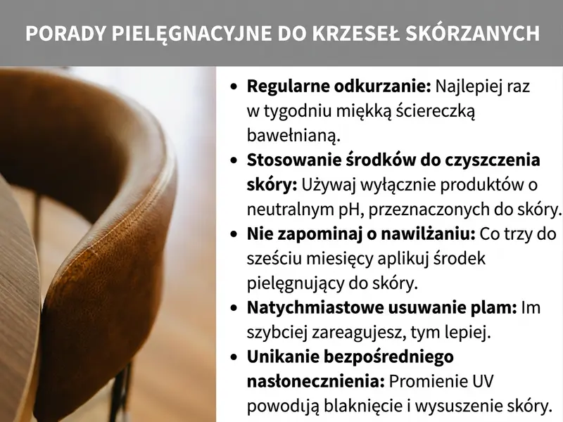 Porady dotyczące pielęgnacji krzeseł skórzanych – infografika ze zbliżeniem brązowego krzesła skórzanego po lewej stronie i pięcioma wskazówkami po prawej: regularne odkurzanie miękką ściereczką bawełnianą, stosowanie środków do czyszczenia skóry o neutralnym pH, nakładanie preparatu pielęgnacyjnego co trzy do sześciu miesięcy, natychmiastowe usuwanie plam oraz unikanie bezpośredniego nasłonecznienia w celu ochrony przed blaknięciem i pękaniem.