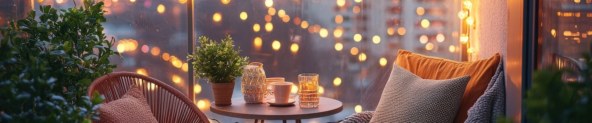 Schmuckbild: Ein Balkon mit Glasgeländer, davor zwei Stühle mit Kissen, ein Tisch in der Mitte mit Getränken, im Hintergrund sieht man Lichter.