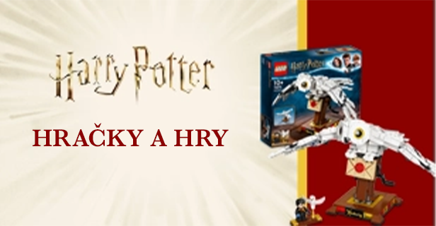 Reklama: Hračky a hry Harry Potter. Na obrázku je LEGO stavebnice sovy Hedviky, která drží dopis.