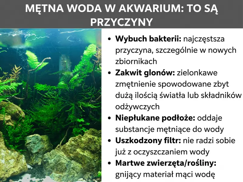 Infografika: mętna woda w akwarium – oto przyczyny. Lista obejmuje pięć punktów: 1. Zakwit bakteryjny: najczęstsza przyczyna, szczególnie w nowych zbiornikach. 2. Zakwit glonów: zielonkawe zmętnienie spowodowane zbyt dużą ilością światła lub składników odżywczych. 3. Nieprzepłukane podłoże: oddaje do wody cząstki, które ją mącą. 4. Uszkodzony filtr: nie radzi sobie z oczyszczaniem wody. 5. Martwe zwierzęta/rośliny: rozkładająca się materia organiczna mąci wodę.