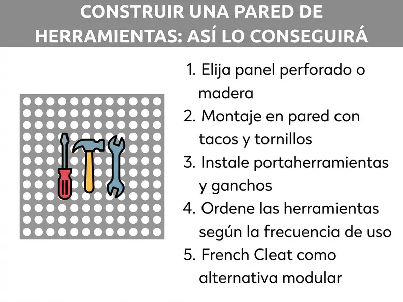 Infografía: pared de herramientas de bricolaje: así se hace. La imagen muestra a la izquierda una placa perforada gris con tres iconos de herramientas: un destornillador rojo, un martillo amarillo y una llave inglesa gris. A la derecha, una lista numerada con cinco puntos: 1. Elegir placa perforada o madera. 2. Montaje en la pared con tacos y tornillos. 3. Colocar soportes y ganchos. 4. Ordenar las herramientas por frecuencia de uso. 5. French Cleat como alternativa modular.