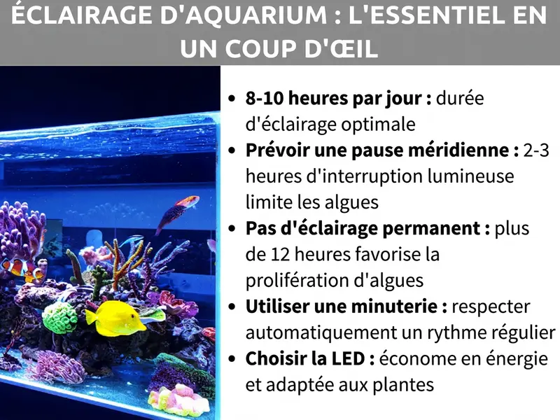 Infographie : Éclairage d'aquarium, l'essentiel en bref. L'image montre à gauche un aquarium d'eau de mer éclairé avec des coraux colorés, un poisson jaune et d'autres animaux marins sous un éclairage LED bleu. À droite, une liste de cinq points : 1. 8-10 heures par jour : durée d'éclairage optimale. 2. Prévoir une pause de midi : 2-3 heures sans lumière pour freiner les algues. 3. Pas d'éclairage permanent : plus de 12 heures favorise la prolifération des algues. 4. Utiliser un programmateur : pour maintenir un rythme régulier automatiquement. 5. Choisir des LED : économiques et adaptées aux plantes.