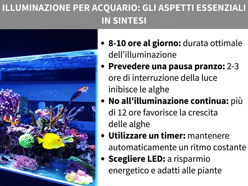 Infografica: illuminazione dell'acquario, i punti chiave. La grafica mostra a sinistra un acquario marino illuminato con coralli colorati, un pesce giallo e altri abitanti marini sotto luce LED blu. A destra, un elenco con cinque punti: 1. 8–10 ore al giorno: durata ottimale dell'illuminazione. 2. Prevedere una pausa di mezzogiorno: 2–3 ore di pausa dalla luce inibiscono le alghe. 3. Niente illuminazione continua: oltre le 12 ore si favorisce la crescita delle alghe. 4. Usare un timer: per mantenere automaticamente un ritmo regolare. 5. Scegliere LED: a risparmio energetico e adatti alle piante.