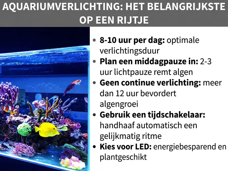 Infographic: Aquariumverlichting: het belangrijkste op een rij. De afbeelding toont links een verlicht zeewateraquarium met kleurrijke koralen, een gele vis en andere zeebewoners onder blauw ledlicht. Rechts daarnaast een lijst met vijf punten: 1. 8–10 uur per dag: optimale verlichtingsduur. 2. Middagpauze inplannen: 2–3 uur lichtpauze remt algen. 3. Geen permanente verlichting: meer dan 12 uur bevordert algengroei. 4. Tijdschakelklok gebruiken: automatisch een vast ritme aanhouden. 5. Led kiezen: energiezuinig en geschikt voor planten.
