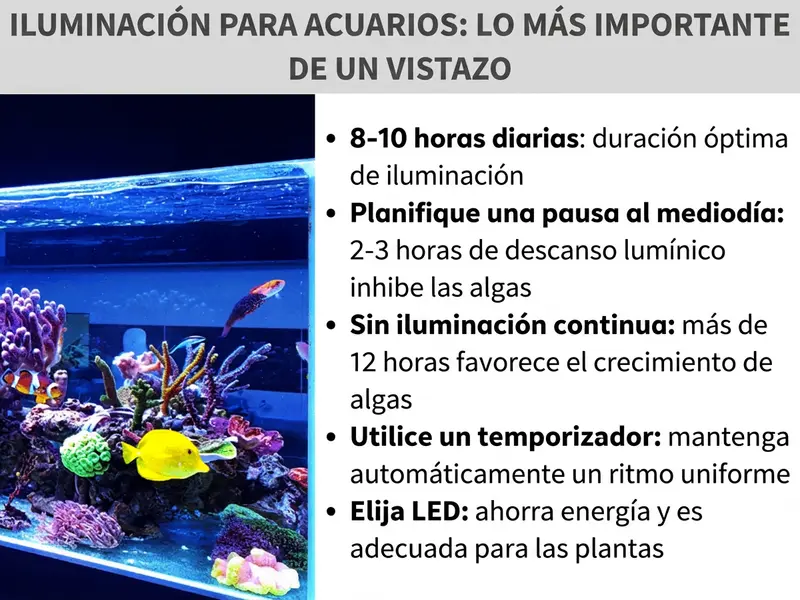 Infografía: iluminación del acuario: lo más importante de un vistazo. La imagen muestra a la izquierda un acuario marino iluminado con corales de colores, un pez amarillo y otros habitantes marinos bajo luz LED azul. A la derecha, una lista con cinco puntos: 1. De 8 a 10 horas al día: duración óptima de la iluminación. 2. Planificar una pausa al mediodía: 2-3 horas de pausa lumínica frenan las algas. 3. No dejar la luz encendida permanentemente: más de 12 horas favorece el crecimiento de algas. 4. Usar un temporizador: para mantener un ritmo constante de forma automática. 5. Elegir LED: ahorro energético y adecuado para las plantas.