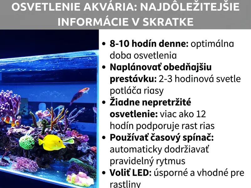 Infografika: Osvetlenie akvária – to najdôležitejšie v kocke. Grafika zobrazuje vľavo osvetlené morské akvárium s farebnými koralmi, žltou rybou a ďalšími morskými obyvateľmi pod modrým LED svetlom. Vpravo je zoznam s piatimi bodmi: 1. 8 – 10 hodín denne: optimálna dĺžka osvetlenia. 2. Obedňajšia prestávka: 2 – 3 hodiny svetelnej pauzy brzdí riasy. 3. Žiadne nepretržité osvetlenie: viac ako 12 hodín podporuje rast rias. 4. Časový spínač: automatické dodržiavanie rovnomerného rytmu. 5. LED: úsporné a vhodné pre rastliny.