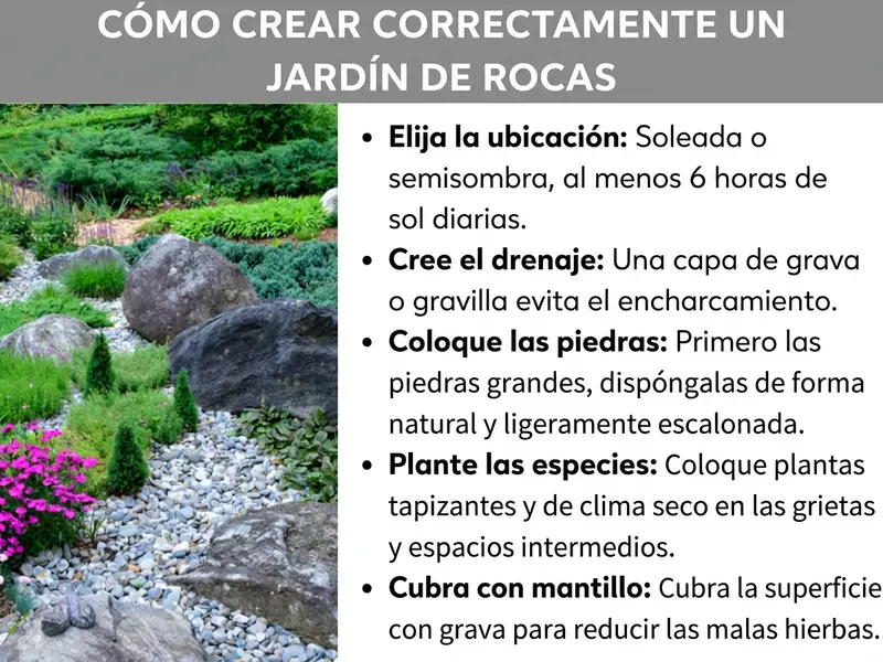 Infografía: Guía para crear un jardín de rocas con el título «Cómo hacer bien un jardín de rocas: paso a paso». A la izquierda, una fotografía de un jardín de rocas con abundante vegetación, grandes rocas, grava, plantas perennes y plantas tapizantes con flores rosas. A la derecha se enumeran cinco pasos: 1. Elegir la ubicación: soleada o semisombreada, al menos 6 horas de sol al día. 2. Crear el drenaje: una capa de grava o gravilla evita el encharcamiento. 3. Colocar las piedras: primero las grandes, disponiéndolas de forma natural y ligeramente escalonada. 4. Plantar: introducir plantas tapizantes y resistentes a la sequía en grietas y huecos. 5. Acolchar: cubrir la superficie con grava para reducir las malas hierbas.