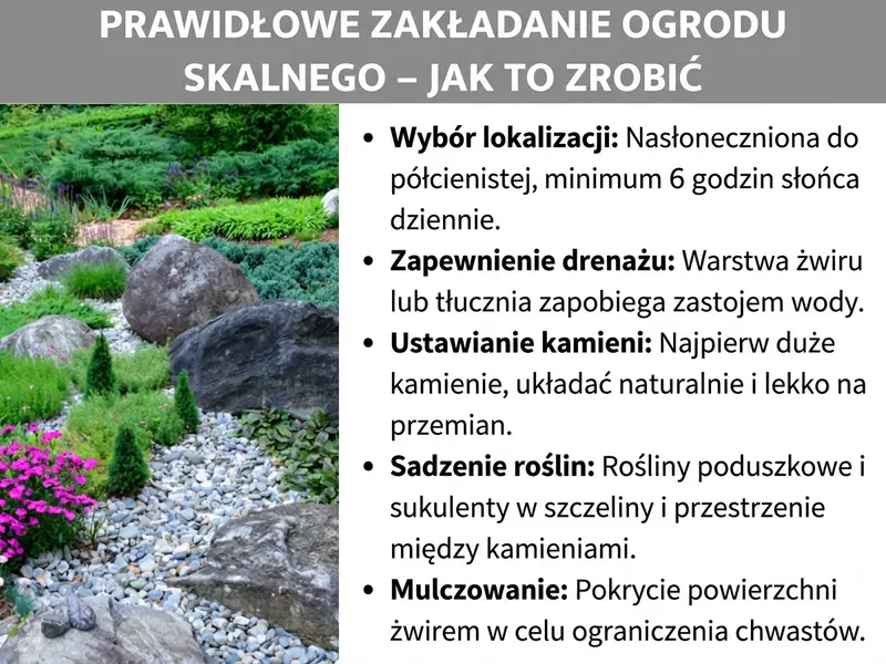Infografika przedstawiająca instrukcję zakładania ogrodu skalnego. Po lewej stronie widać bujnie obsadzony skalniak z dużymi głazami, żwirem i kolorowymi roślinami. Po prawej stronie wymieniono pięć kroków: 1. Wybór słonecznego miejsca. 2. Zapewnienie drenażu ze żwiru. 3. Ułożenie kamieni. 4. Posadzenie roślin sucholubnych. 5. Wyściółkowanie żwirem w celu ograniczenia chwastów.