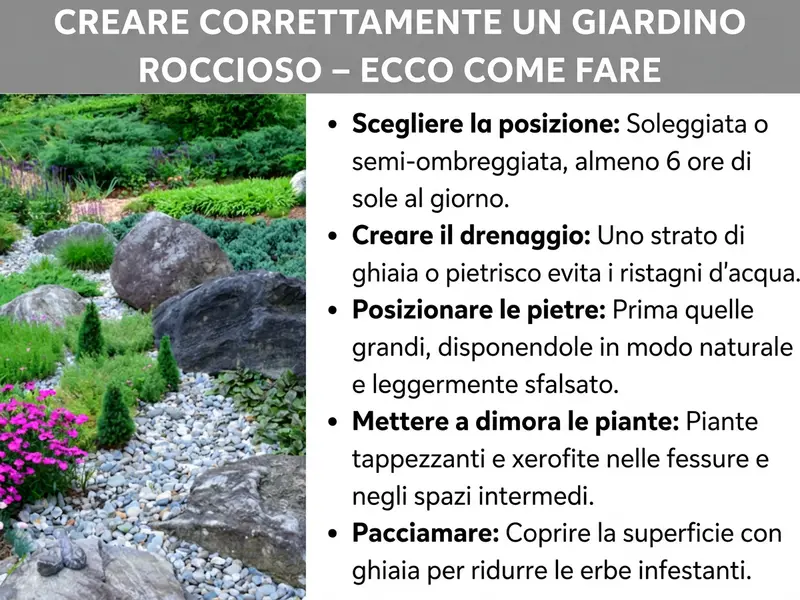 Infografica: istruzioni per realizzare un giardino roccioso con il titolo "Come fare un giardino roccioso passo per passo". A sinistra, la foto di un giardino roccioso rigoglioso con grandi massi, ghiaia, piante sempreverdi e tappezzanti a fioritura rosa. A destra, cinque passaggi: 1. Scegliere la posizione – soleggiata o a mezz'ombra, almeno 6 ore di sole al giorno. 2. Creare il drenaggio – uno strato di ghiaia o pietrisco previene i ristagni d'acqua. 3. Posizionare le pietre – prima quelle grandi, disposte in modo naturale e leggermente sfalsate. 4. Mettere a dimora le piante – inserire piante a cuscino e specie resistenti alla siccità nelle fessure e negli spazi. 5. Pacciamare – coprire la superficie con ghiaia per ridurre le erbacce.