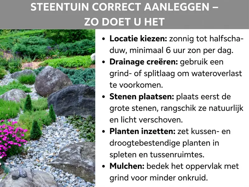 Infographic: Een handleiding voor het aanleggen van een rotstuin met de titel "Rotstuin goed aanleggen - Zo doe je het". Links is een foto te zien van een weelderig beplante rotstuin met grote rotsblokken, grind, groenblijvende planten en roze bloeiende bodembedekkers. Rechts staan vijf stappen: 1. Locatie kiezen - zonnig tot halfschaduw, minimaal 6 uur zon per dag. 2. Drainage aanleggen - een laag grind of split voorkomt wateroverlast. 3. Stenen plaatsen - grote stenen eerst, natuurlijk en licht verspringend rangschikken. 4. Planten zetten - kussen- en droogtebestendige planten in spleten en tussenruimtes plaatsen. 5. Mulchen - het oppervlak bedekken met grind om onkruid tegen te gaan.