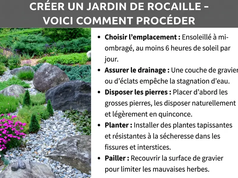 Infographie : guide pour aménager un jardin de rocaille intitulé « Bien créer sa rocaille – Mode d’emploi ». À gauche, une photo d’un jardin de rocaille luxuriant avec de gros rochers, du gravier, des plantes persistantes et des couvre-sols à fleurs roses. À droite, cinq étapes sont listées : 1. Choisir l’emplacement – ensoleillé à mi-ombragé, au moins 6 heures de soleil par jour. 2. Créer un drainage – une couche de gravier ou de gravillons empêche l’eau de stagner. 3. Disposer les pierres – placer d’abord les plus grosses, en décalé pour un rendu naturel. 4. Planter – installer plantes tapissantes et espèces résistantes à la sécheresse dans les interstices. 5. Pailler – recouvrir la surface de gravier pour limiter les mauvaises herbes.