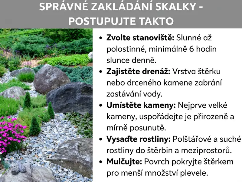 Infografika: Návod na založení skalky s názvem „Jak správně založit skalku". Vlevo je fotografie bohatě osázené skalky s velkými kameny, štěrkem, stálezelenými rostlinami a růžově kvetoucími pokryvnými rostlinami. Vpravo je uvedeno pět kroků: 1. Výběr stanoviště – slunné až polostinné, minimálně 6 hodin slunce denně. 2. Drenáž – vrstva štěrku nebo drceného kameniva zabrání hromadění vody. 3. Osazení kameny – nejprve velké kameny, rozmístit přirozeně a mírně posunuté. 4. Výsadba rostlin – polštářové a suchomilné rostliny zasadit do spár a mezer. 5. Mulčování – povrch pokrýt štěrkem, aby se omezil růst plevele.