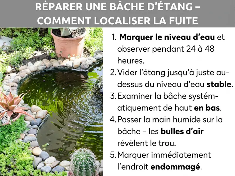 Infographie : Réparer une bâche de bassin – Comment trouver la fuite. À gauche, photo d'un bassin de jardin rond avec bordure en pierre et plantes environnantes. À droite, une liste numérotée en cinq points : 1. Marquer le niveau d'eau et observer pendant 24 à 48 heures. 2. Vider le bassin juste au-dessus du niveau stable. 3. Inspecter la bâche méthodiquement de haut en bas. 4. Passer la main humide sur la bâche – des bulles d'air révèlent le trou. 5. Marquer immédiatement l'endroit endommagé.