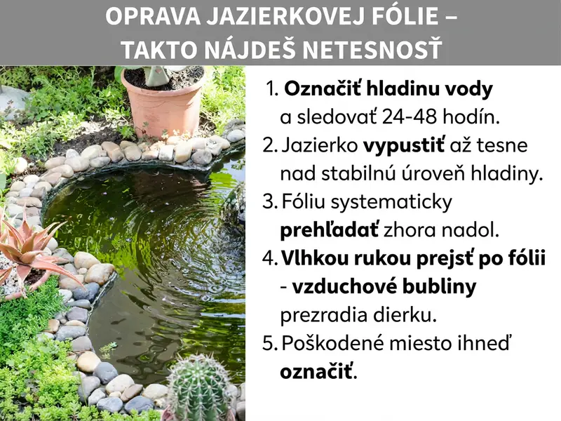 Infografika: Záplatovanie jazierkovej fólie – Ako nájsť miesto úniku: Vľavo fotografia okrúhleho záhradného jazierka s kamenným obložením a okolitými rastlinami. Vpravo číslovaný zoznam s piatimi bodmi: 1. Označte hladinu vody a sledujte ju 24 – 48 hodín. 2. Odčerpajte jazierko tesne nad stabilnú hladinu. 3. Systematicky prezrite fóliu od vrchu nadol. 4. Prejdite vlhkou rukou po fólii – vzduchové bubliny prezradia dieru. 5. Poškodené miesto ihneď označte.