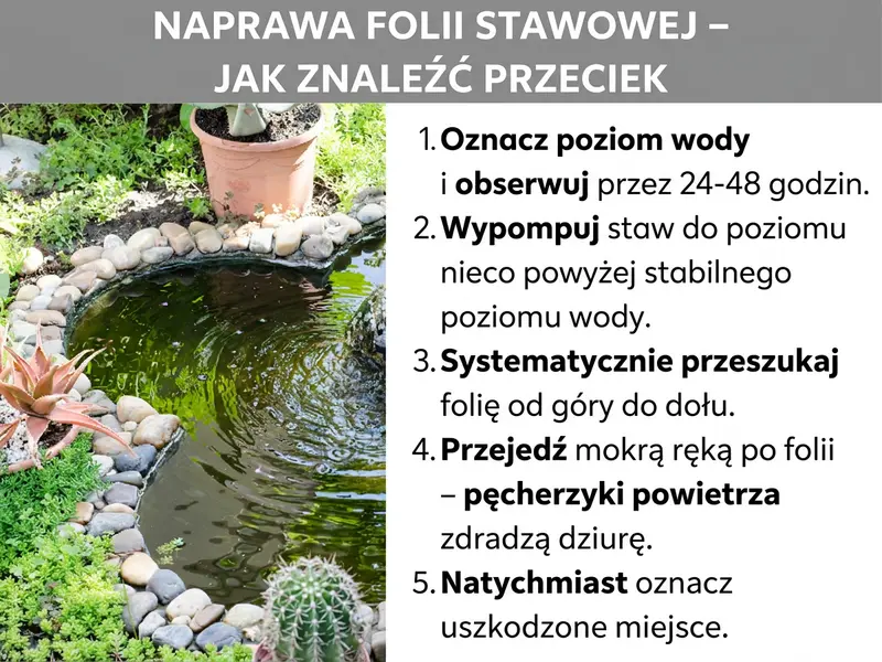 Infografika przedstawiająca pięć kroków lokalizowania przecieku w folii do oczka wodnego. Po lewej zdjęcie oczka wodnego, po prawej kolejne etapy: 1. Zaznaczenie i obserwacja poziomu wody. 2. Odpompowanie wody. 3. Sprawdzenie folii. 4. Wykrywanie pęcherzyków powietrza wilgotną dłonią. 5. Oznaczenie uszkodzenia.