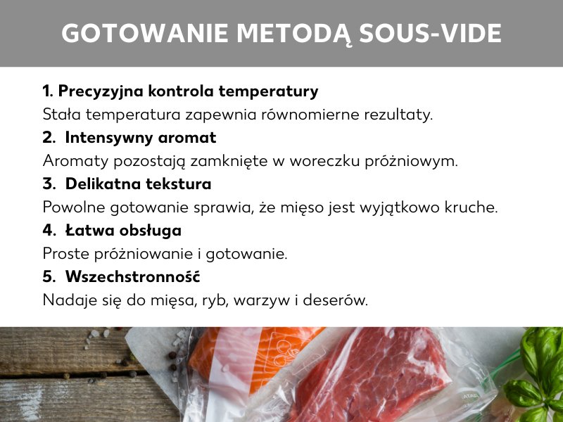 (Infografika: Gotowanie metodą sous vide: 1.  Precyzyjna kontrola temperatury: Stałe temperatury zapewniają równomierne gotowanie, 2.  Intensywne aromaty: Aromaty są zatrzymywane w woreczku próżniowym, 3.  Delikatna tekstura: Powolne gotowanie czyni mięso delikatnym, 4.  Łatwość przyrządzania: Proste pakowanie próżniowe i gotowanie, 5.  Wszechstronność: Nadaje się do przyrządzania mięsa, ryb, warzyw i deserów
