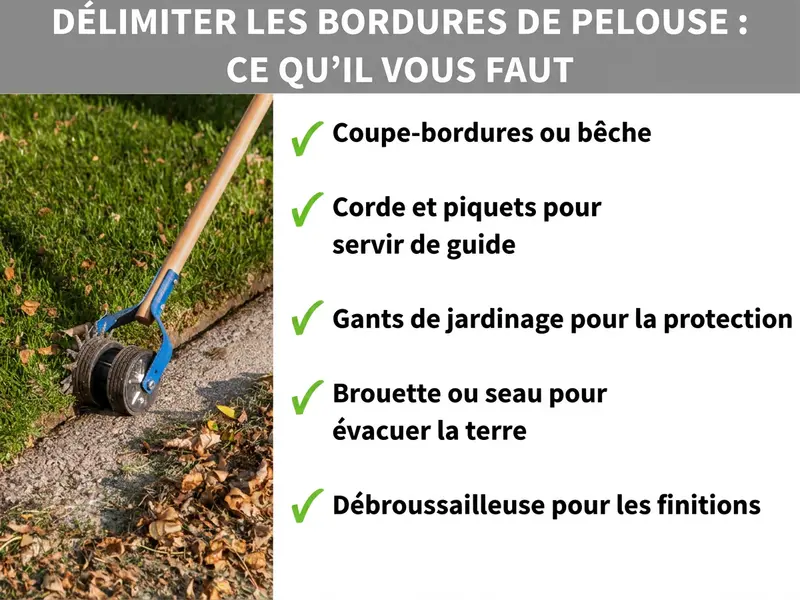 Infographie : tailler les bordures de pelouse – Le matériel nécessaire : une liste de cinq points : 1. Coupe-bordures manuel ou bêche. 2. Cordeau et piquets pour se repérer. 3. Gants de jardinage pour la protection. 4. Brouette ou seau pour évacuer la terre. 5. Rotofil pour les finitions.