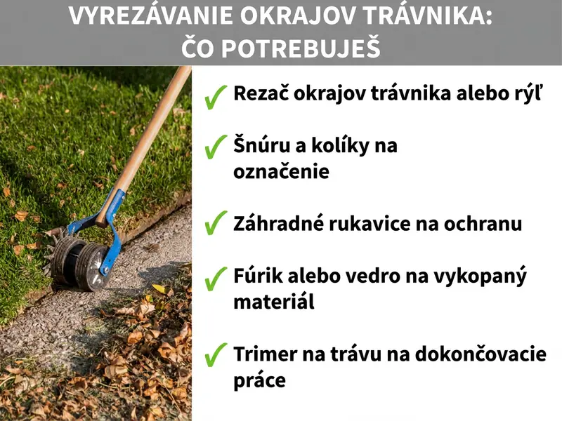 Infografika: Orezávanie okrajov trávnika – čo budete potrebovať: Zoznam piatich bodov: 1. Nôž na okraje trávnika alebo rýľ. 2. Šnúra a kolíky ako vodiaca pomôcka. 3. Záhradné rukavice na ochranu. 4. Fúrik alebo vedro na vykopaný materiál. 5. Strunová kosačka na dokončovacie práce.