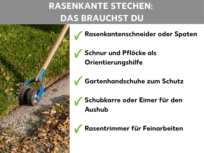 Infografik: Rasenkante stechen – Das brauchst du: Eine Liste mit fünf Punkten: 1. Rasenkantenschneider oder Spaten. 2. Schnur und Pflöcke als Orientierungshilfe. 3. Gartenhandschuhe zum Schutz. 4. Schubkarre oder Eimer für den Aushub. 5. Rasentrimmer für Feinarbeiten.