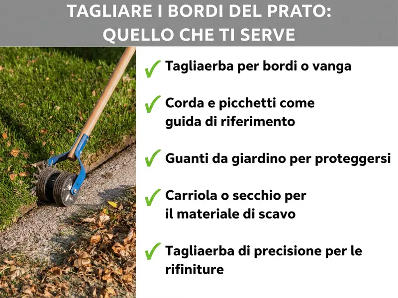 Infografica: bordatura del prato – cosa ti serve. Un elenco di cinque punti: 1. Tagliabordi per prato o vanga. 2. Spago e picchetti come guida. 3. Guanti da giardinaggio per protezione. 4. Carriola o secchio per il materiale di scarto. 5. Decespugliatore per le rifiniture.