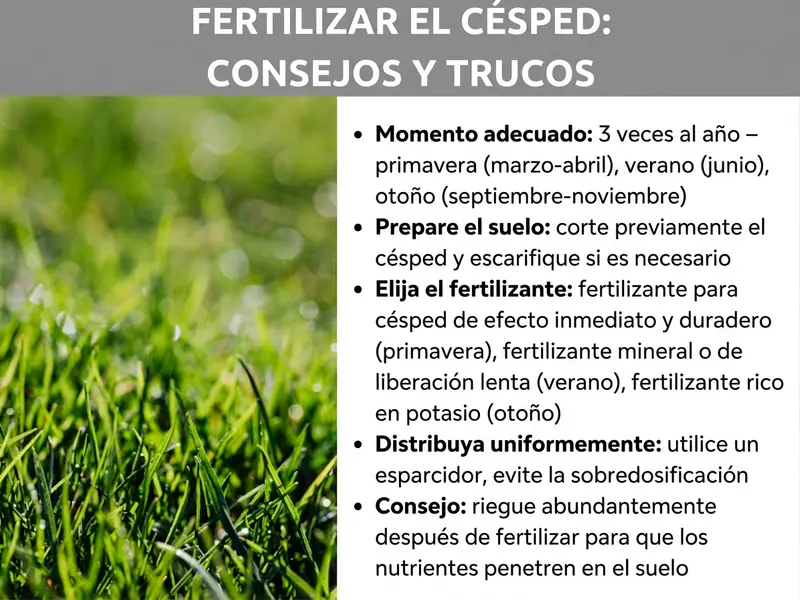 Infografía «Abonar césped: consejos y trucos» con cinco puntos clave sobre un fondo blanco junto a una foto de hierba verde y frondosa. Los consejos incluyen el momento adecuado (3 veces al año: primavera, verano y otoño), la preparación del suelo mediante siega y escarificado, la elección del abono apropiado según la estación, la distribución uniforme con un carro esparcidor y la indicación de regar abundantemente después de abonar.