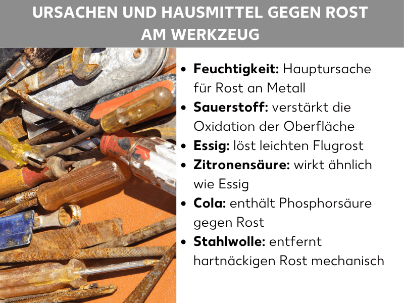 Infografik: Ursachen und Hausmittel gegen Rost am Werkzeug: Links im Bild liegt verschiedenes rostiges Werkzeug wie Schraubendreher, ein Schraubenschlüssel und eine Zange auf einem orangefarbenen Untergrund. Rechts daneben eine Liste mit sechs Punkten: 1. Feuchtigkeit: Hauptursache für Rost an Metall. 2. Sauerstoff: verstärkt die Oxidation der Oberfläche. 3. Essig: löst leichten Flugrost. 4. Zitronensäure: wirkt ähnlich wie Essig. 5. Cola: enthält Phosphorsäure gegen Rost. 6. Stahlwolle: entfernt hartnäckigen Rost mechanisch.
