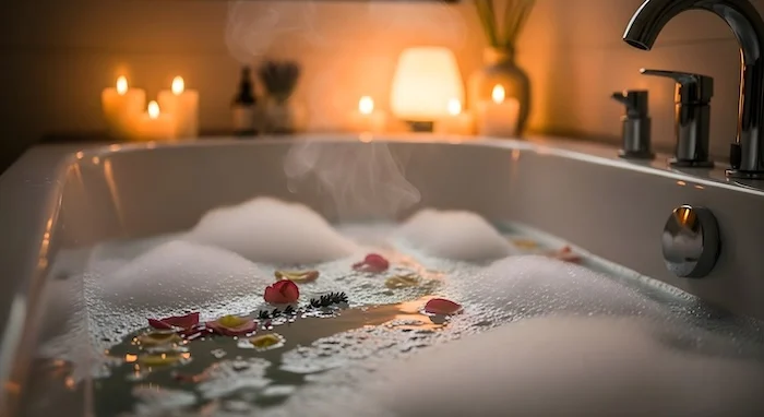 Schmuckbild: Eine Badewanne mit Schaumbad und Blütenblättern, im Hintergrund Kerzen.