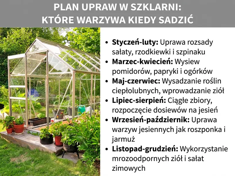 Infografika: Plan uprawy w szklarni – jakie warzywa sadzić i kiedy. Grafika przedstawia po lewej stronie zdjęcie szklarni ogrodowej otoczonej roślinami doniczkowymi. Po prawej stronie lista sześciu punktów: 1. Styczeń–luty: przygotuj rozsady sałaty, rzodkiewek i szpinaku. 2. Marzec–kwiecień: wysiej pomidory, paprykę i ogórki. 3. Maj–czerwiec: posadź warzywa ciepłolubne, wprowadź zioła. 4. Lipiec–sierpień: bieżące zbiory, zacznij dosiewać na jesień. 5. Wrzesień–październik: wysiej warzywa jesienne, takie jak roszponka i jarmuż. 6. Listopad–grudzień: korzystaj z mrozoodpornych ziół i sałat zimowych.