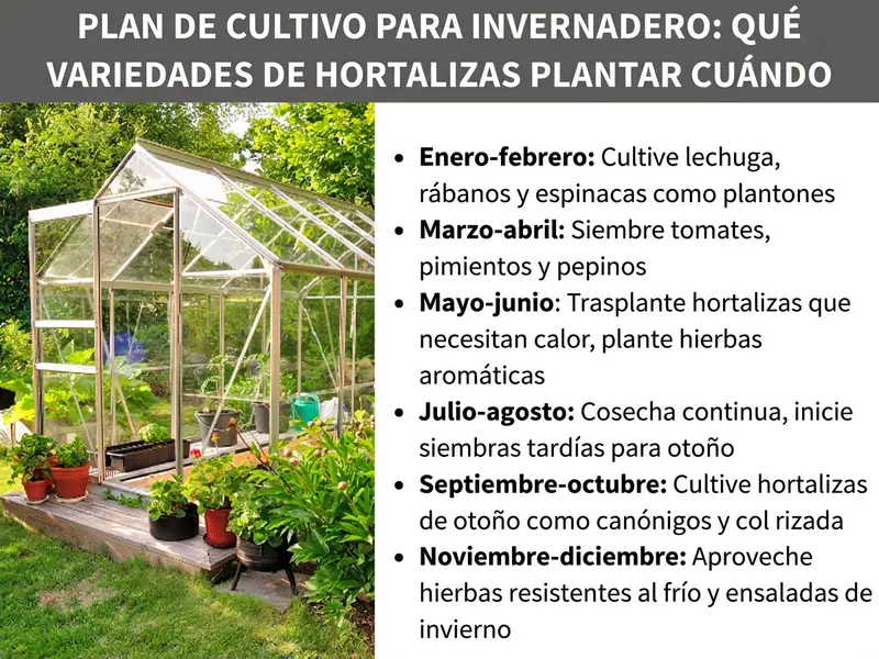 Infografía: Calendario de siembra para invernadero – Qué verduras plantar en cada época. La imagen muestra a la izquierda una foto de un invernadero en un jardín, rodeado de plantas en maceta. A la derecha, una lista con seis puntos: 1. Enero-febrero: preparar el cultivo de lechuga, rabanitos y espinacas. 2. Marzo-abril: sembrar tomates, pimientos y pepinos. 3. Mayo-junio: trasplantar las verduras que necesitan calor e incorporar hierbas aromáticas. 4. Julio-agosto: cosecha continua e inicio de siembras sucesivas para otoño. 5. Septiembre-octubre: cultivar verduras de otoño como canónigos y col rizada. 6. Noviembre-diciembre: aprovechar hierbas resistentes al frío y lechugas de invierno.