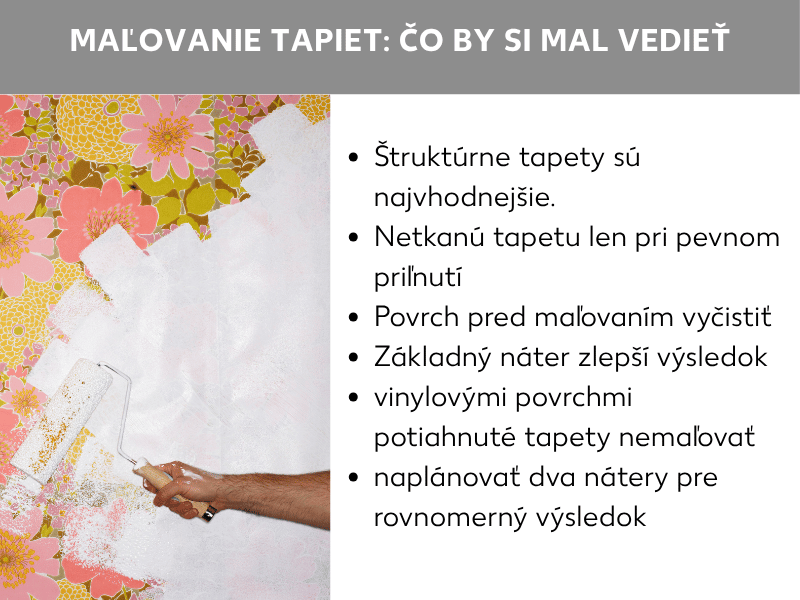 Infografika: Premaľovanie tapety – čo by ste mali vedieť. Grafika zobrazuje ruku, ktorá maliarskym valčekom premaľováva kvetinovú tapetu nabielo. Vedľa je zoznam so šiestimi bodmi: 1. Najlepšie sa hodí hrubovláknitá tapeta. 2. Vliesová tapeta len pri pevnom priľnutí. 3. Povrch pred maľovaním očistite. 4. Základný náter zlepší výsledok. 5. Vinylové tapety nepremaľovávajte. 6. Počítajte s dvoma nátermi pre rovnomerný výsledok.