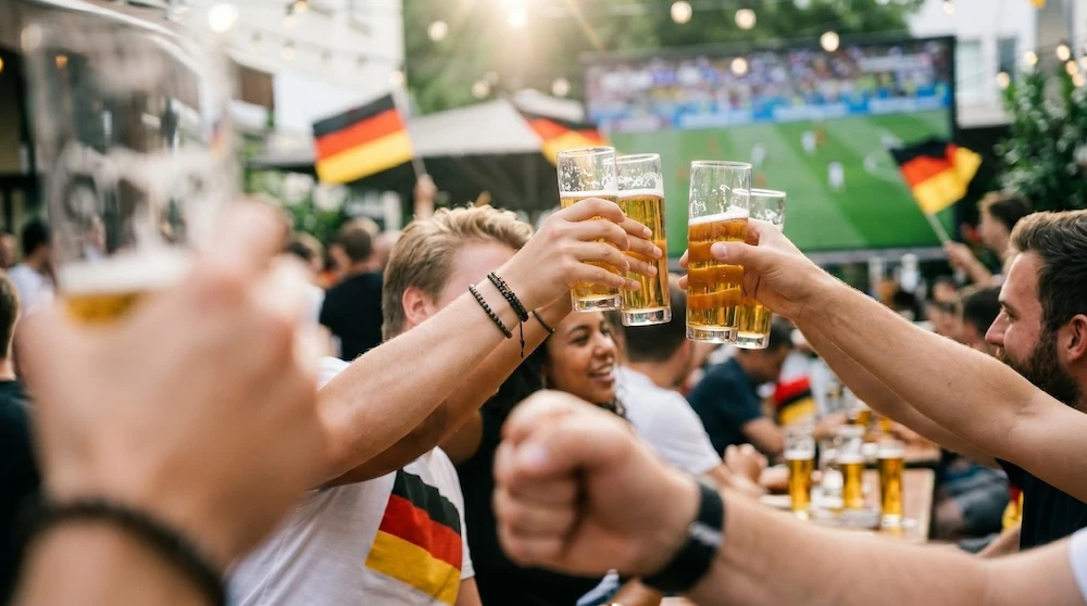 Schmuckbild: Menschen beim Public Viewing eines Fußballspiels mit Deutschlandfahnen im Hintergrund.