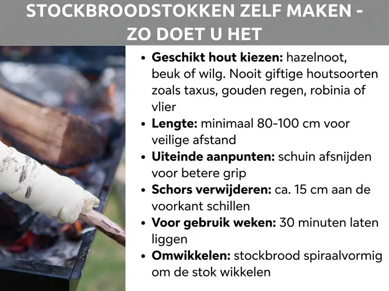 Infographic: "Stockbroodspiesen zelf maken – zo doe je het". Links een foto van een hand die een zelfgemaakte stockbroodspies boven een vuurschaal met gloeiende vlammen houdt. Rechts een lijst met zes tips: Geschikt hout kiezen: hazelaar, beuk of wilg – nooit giftige houtsoorten zoals taxus, goudenregen, robinia of vlier. Lengte: minimaal 80–100 cm voor voldoende afstand. Uiteinde aanpunten: schuin afsnijden voor betere grip. Schors verwijderen: ca. 15 cm aan het voorste uiteinde schillen. Voor gebruik weken: 30 minuten in water leggen. Omwikkelen: stokbrood spiraalvormig om de spies wikkelen.