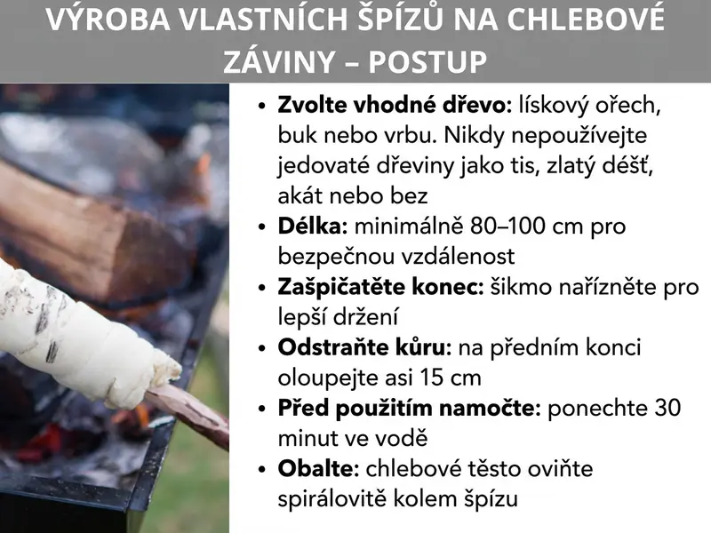 Infografika ukazující výrobu opékacího prutu. Vlevo je fotka ruky držící prut nad ohněm, vpravo šest kroků: výběr dřeva, určení délky, zahrocení konce, oloupání kůry, namočení do vody a namotání těsta.