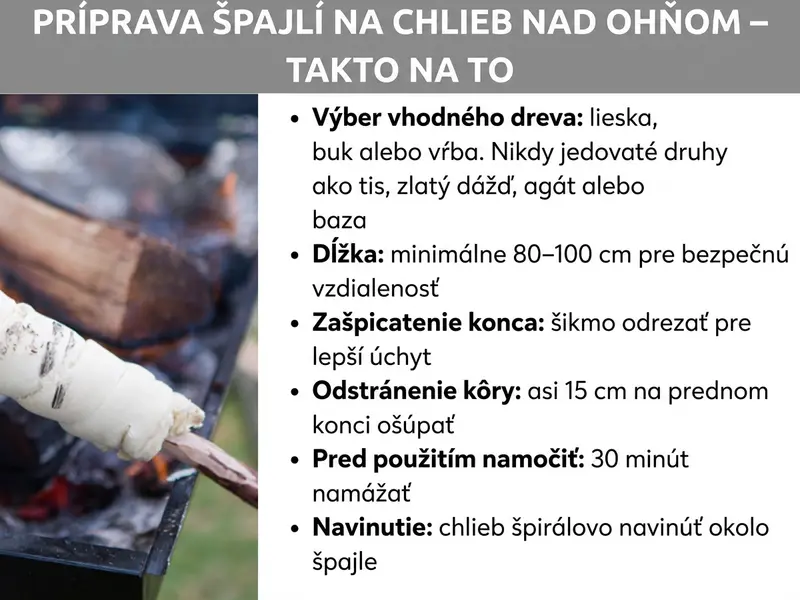 Infografika: „Paličky na opekanie – vyrobte si ich sami". Vľavo fotografia ruky, ktorá drží vlastnoručne vyrobenú paličku na opekanie nad ohniskom s plameňmi. Vpravo zoznam so šiestimi tipmi: Vyberte vhodné drevo: lieska, buk alebo vŕba – nikdy jedovaté dreviny ako tis, zlatý dážď, agát biely alebo baza čierna. Dĺžka: minimálne 80 – 100 cm pre bezpečný odstup. Zahroťte koniec: šikmo ho zrežte, aby cesto lepšie držalo. Odstráňte kôru: asi 15 cm na prednom konci olúpte. Pred použitím namočte: na 30 minút ponorte do vody. Omotajte: cesto špirálovito omotajte okolo paličky.