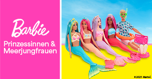 Werbung: Eine Gruppe von Barbie-Meerjungfrauen und Ken am Strand. Text-Banner: Barbie Prinzessinnen & Meerjungfrauen.