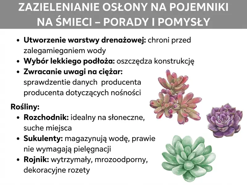 Infografika przedstawiająca porady i pomysły na obsadzenie obudowy kosza na śmieci. U góry znajduje się szary tytuł, a pod nim trzy wskazówki: zastosowanie warstwy drenażowej, wybór lekkiego podłoża i kontrola masy. Poniżej, w sekcji „Rośliny", polecane są rozchodnik, rojnik i sukulenty. Po prawej stronie widoczne są akwarelowe ilustracje trzech sukulentów.