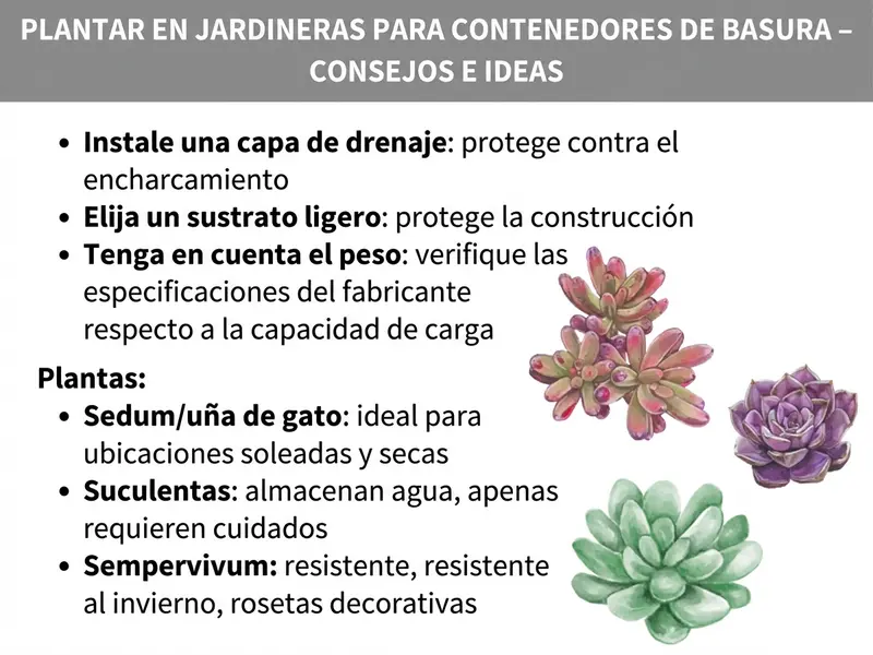 Infografía: plantar un cubrecubos – consejos e ideas. La imagen muestra sobre fondo blanco indicaciones prácticas para plantar un cubrecubos. Bajo el título con fondo gris se presentan tres consejos generales: instalar una capa de drenaje (protege contra el encharcamiento), elegir un sustrato ligero (cuida la estructura) y controlar el peso comprobando las indicaciones del fabricante sobre la capacidad de carga. En el apartado «Plantas» se recomiendan tres tipos adecuados: sedum/uña de gato (ideal para ubicaciones soleadas y secas), suculentas (almacenan agua, apenas necesitan cuidados) y sempervivum (resistente, tolerante al frío, rosetas decorativas). A la derecha del texto aparecen ilustraciones en acuarela de tres suculentas: dos rosetas pequeñas de tonos rojizos y verdes arriba y una roseta verde más grande abajo.