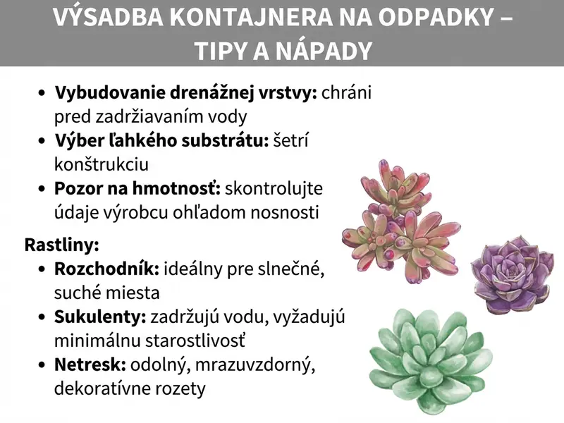Infografika: Výsadba rastlín na smetiakový box – tipy a nápady. Grafika na bielom pozadí zobrazuje praktické rady na osadenie smetiakového boxu. Pod sivým názvom sú uvedené tri všeobecné tipy: zabudovať drenážnu vrstvu (chráni pred stojatou vodou), zvoliť ľahký substrát (šetrí konštrukciu) a sledovať hmotnosť – skontrolovať údaje výrobcu o nosnosti. V časti „Rastliny" sú odporúčané tri vhodné druhy: rozchodník (ideálny na slnečné a suché miesta), sukulenty (zadržiavajú vodu, takmer bez starostlivosti) a skalná ruža (odolná, mrazuvzdorná, tvorí dekoratívne ružice). Vpravo od textu sú akvarelové ilustrácie troch sukulentov: dve menšie červeno-zelené ružice hore a jedna väčšia zelená ružica dole.