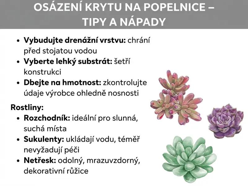 Infografika: Zazelenění popelnice – tipy a nápady. Grafika na bílém pozadí uvádí praktické rady k osázení krytu na popelnici. Pod šedě zvýrazněným nadpisem jsou uvedeny tři obecné tipy: Vytvořit drenážní vrstvu (chrání před zamokřením), zvolit lehký substrát (šetří konstrukci) a sledovat hmotnost a nosnost podle údajů výrobce. V části „Rostliny" jsou doporučeny tři vhodné druhy: rozchodník (ideální na slunná a suchá místa), sukulenty (uchovávají vodu, téměř bezúdržbové) a netřesk (odolný, mrazuvzdorný, dekorativní růžice). Vpravo vedle textu jsou akvarelové ilustrace tří sukulentů: dvě menší červenozelené růžice nahoře a jedna větší zelená růžice dole.
