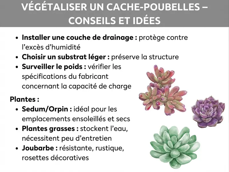 Infographie : cache-poubelle végétalisé – astuces et idées. Le visuel présente sur fond blanc des conseils pratiques pour végétaliser un cache-poubelle. Sous le titre sur fond gris, trois conseils généraux sont indiqués : installer une couche drainante (protège contre l'eau stagnante), choisir un substrat léger (préserve la structure) et surveiller le poids en vérifiant la capacité de charge indiquée par le fabricant. Dans la section « Plantes », trois types adaptés sont recommandés : sédum/orpin (idéal pour les emplacements ensoleillés et secs), plantes succulentes (stockent l'eau, entretien minimal) et sempervivum (robuste, résistant au gel, rosettes décoratives). À droite du texte, des illustrations à l'aquarelle montrent trois succulentes : deux petites rosettes rouge-vert en haut et une plus grande rosette verte en bas.