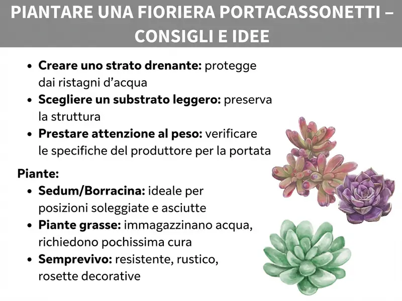 Infografica: copricassonetto verde – consigli e idee. La grafica elenca su sfondo bianco indicazioni pratiche per la piantumazione di un copricassonetto. Sotto il titolo su sfondo grigio vengono presentati tre consigli generali: inserire uno strato drenante (protegge dai ristagni d'acqua), scegliere un substrato leggero (rispetta la struttura portante) e prestare attenzione al peso, verificando le indicazioni del produttore sulla portata massima. Nella sezione «Piante» vengono consigliate tre tipologie adatte: sedum (borracina) (ideale per posizioni soleggiate e asciutte), succulente (trattengono l'acqua, richiedono pochissima cura) e semprevivo (resistente, tollerante al gelo, con rosette decorative). A destra del testo si trovano illustrazioni ad acquerello di tre succulente: due rosette più piccole rosso-verdi in alto e una rosetta verde più grande in basso.