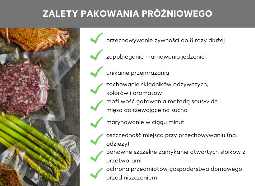 Grafika przedstawiająca zalety pakowania próżniowego