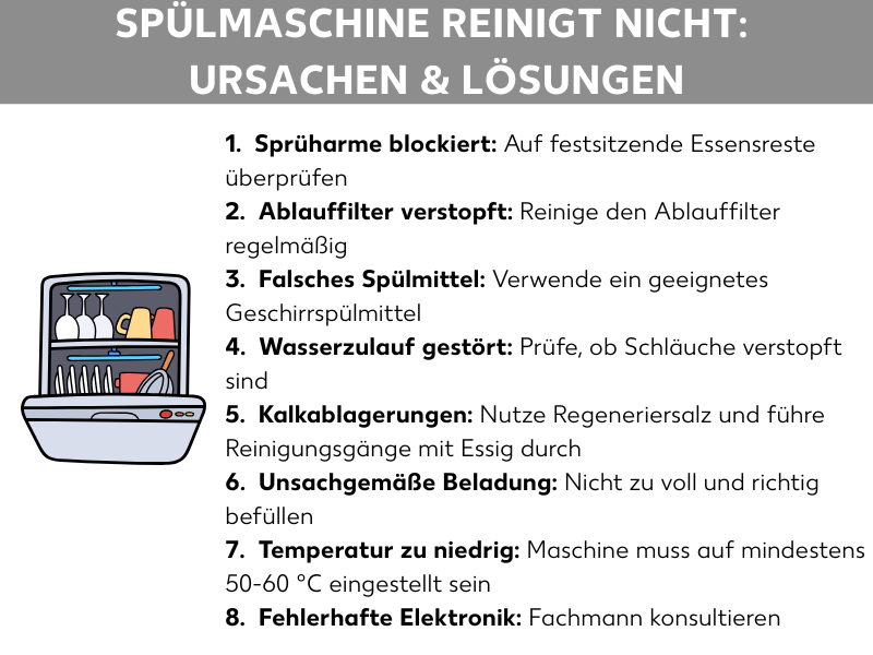 Infografik: Spülmaschine spült nicht richtig, 1. Sprüharme blockiert: Auf festsitzende Essensreste überprüfen, regelmäßig, 2. Ablauffilter verstopft: Reinige den Ablauffilter regelmäßig, 3. Falsches Spülmittel: Verwende ein geeignetes Geschirrspülmittel, 4. Wasserzulauf gestört: Prüfe, ob Schläuche verstopft sind, 5. Kalkablagerungen: Nutze Regeneriersalz und führe Reinigungsgänge mit Essig durch, 6. Unsachgemäße Beladung: Nicht zu voll und richtig befüllen, 7. Temperatur zu niedrig: Maschine muss auf mindestens 50-60 °C eingestellt sein, 8. Fehlerhafte Elektronik: Fachmann konsultieren