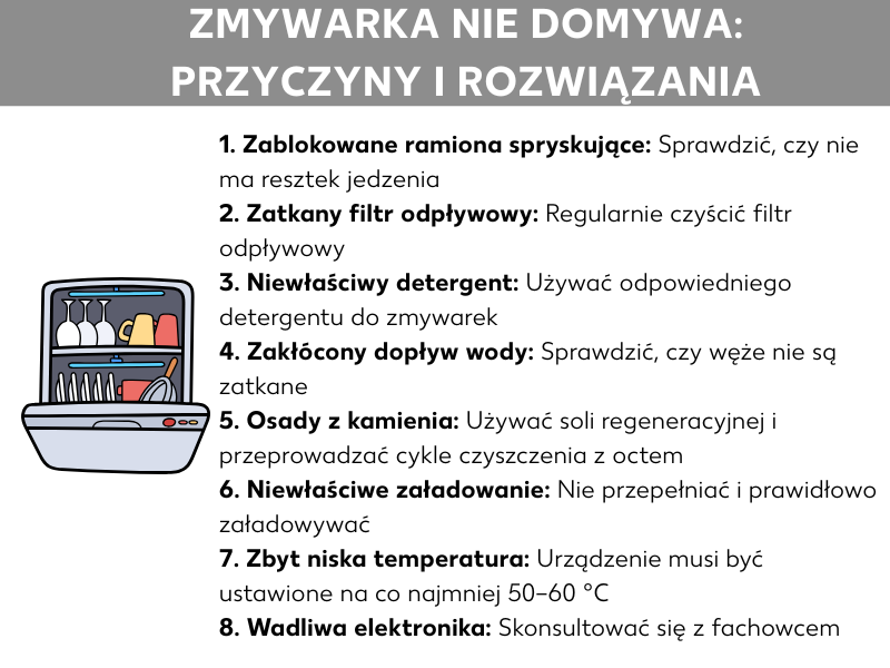 Infografika: Zmywarka nie domywa, 1. Zatkane dysze: Regularnie sprawdzaj, czy nie utknęły resztki jedzenia, 2. Zatkany filtr odpływowy: Regularnie czyść filtr odpływowy, 3. Niewłaściwy środek do mycia: Używaj odpowiedniego środka do mycia naczyń, 4. Zaburzony dopływ wody: Sprawdź, czy wąż nie jest zatkany, 5. Osady z kamienia: Używaj soli do zmywarki i włączaj cykl czyszczący zmywarkę z octem, 6. Niewłaściwe załadowanie: Nie wkładaj zbyt dużo naczyń do zmywarki i dbaj o ich właściwe rozmieszczenie, 7. Zbyt niska temperatura: Zmywarka musi być ustawiona na co najmniej 50-60°C, 8. Wadliwa elektronika: Skonsultuj się ze specjalistą
