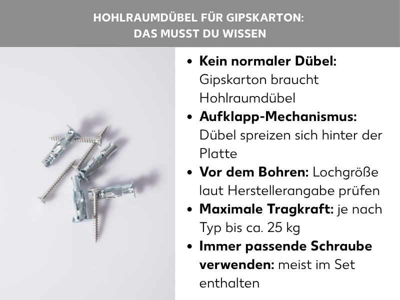 Infografik: Hohlraumdübel für Gipskarton – Das musst du wissen. Links im Bild mehrere silberne Hohlraumdübel und Schrauben auf hellem Untergrund. Rechts fünf Stichpunkte: 1. Kein normaler Dübel: Gipskarton braucht Hohlraumdübel. 2. Aufklapp-Mechanismus: Dübel spreizen sich hinter der Platte. 3. Vor dem Bohren: Lochgröße laut Herstellerangabe prüfen. 4. Maximale Tragkraft: je nach Typ bis ca. 25 kg. 5. Immer passende Schraube verwenden: meist im Set enthalten.