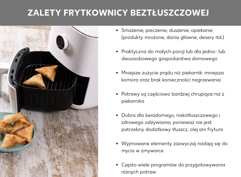 Grafika: Po lewej frytkownica beztłuszczowa, po prawej siedem zalet frytkownicy beztłuszczowej