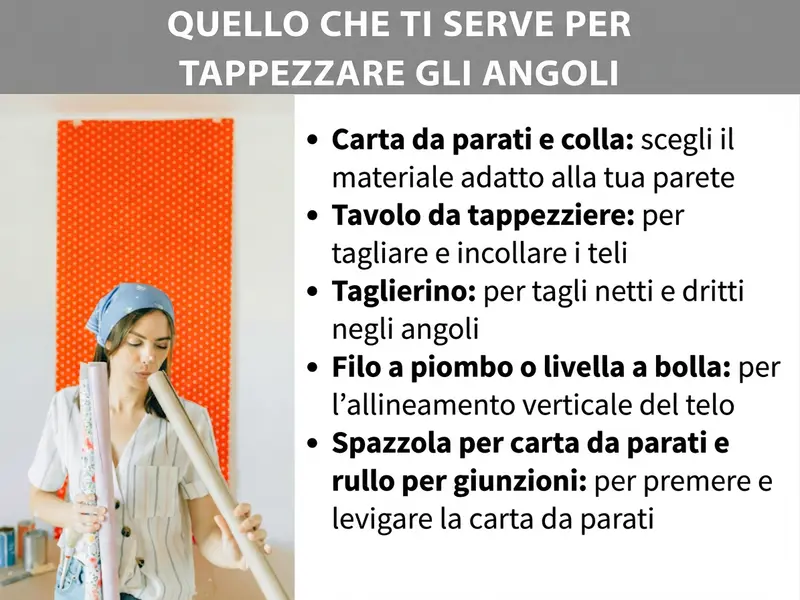 Infografica: cosa serve per tappezzare gli angoli. L'elenco comprende cinque punti: 1. Carta da parati e colla: scegliere il materiale adatto alla parete. 2. Tavolo da tappezziere: per tagliare e incollare i teli. 3. Taglierino: per tagli netti e precisi in corrispondenza dell'angolo. 4. Filo a piombo o livella a bolla: per verificare la verticalità del telo. 5. Spazzola da tappezziere e rullo per giunture: per premere e lisciare la carta da parati. A sinistra si vede una persona con un foulard che tiene in mano dei rotoli di carta da parati, sullo sfondo una parete arancione.