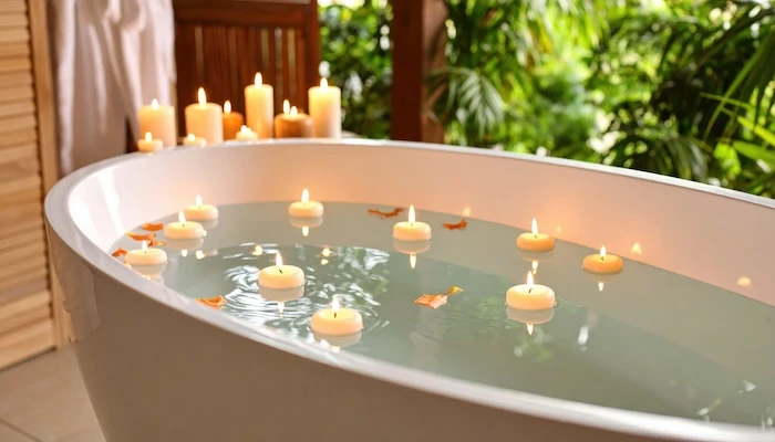 Schwimmende Kerzen in gefüllter Designer-Badewanne.